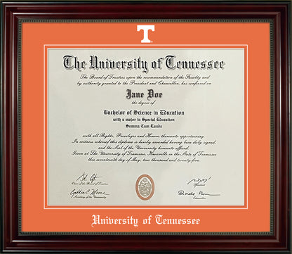 University of Tennessee Diploma Frame - Cherry Finish Wood Frame with Bead Detail, Tangerine Suede Mats, White Embossed Athletic “T” Logo