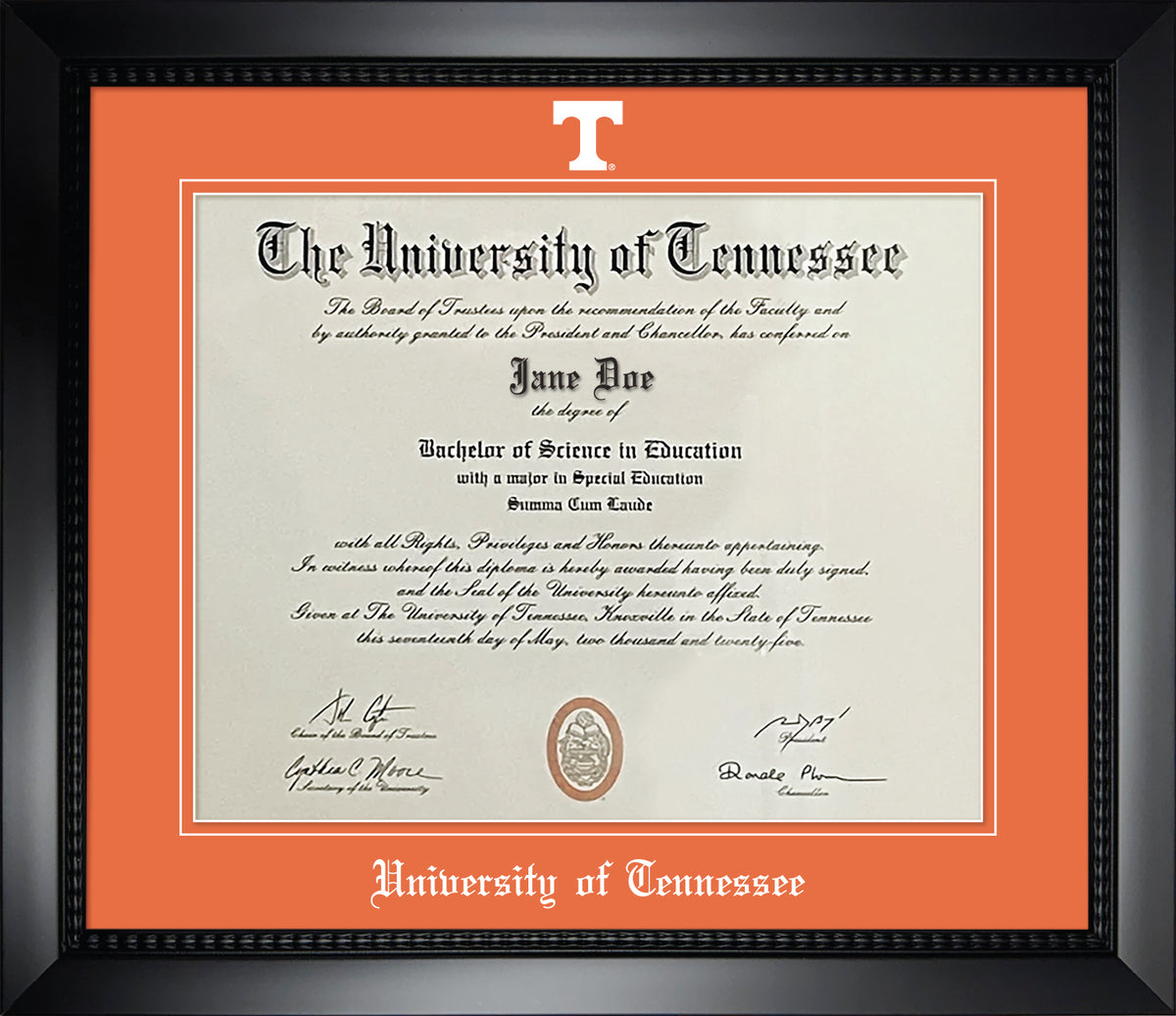 University of Tennessee Diploma Frame - Matte Black Eco-Friendly Treehugger™ Frame, Tangerine Suede Mats, White Embossed Athletic “T” Logo