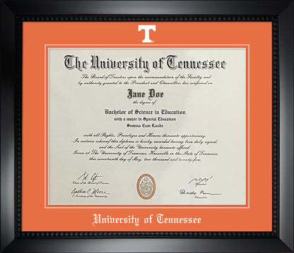 University of Tennessee Diploma Frame - Matte Black Eco-Friendly Treehugger™ Frame, Tangerine Suede Mats, White Embossed Athletic “T” Logo