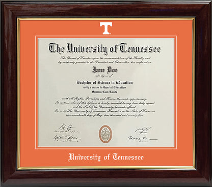 University of Tennessee Diploma Frame - Glossy Mahogany Wood Frame with Gold Accents, Tangerine Mats, Embossed Athletic “T” School Logo