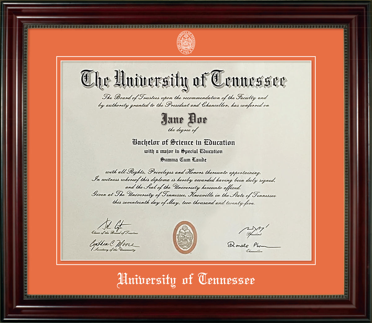 University of Tennessee Diploma Frame - Cherry Finish Wood Frame with Bead Detail, Tangerine Suede Mats, White Embossed School Seal