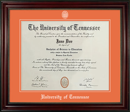University of Tennessee Diploma Frame - Cherry Finish Wood Frame with Bead Detail, Tangerine Suede Mats, White Embossed School Seal