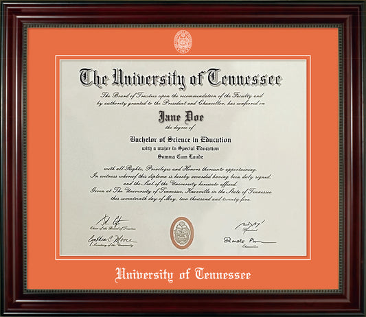 University of Tennessee Diploma Frame - Cherry Finish Wood Frame with Bead Detail, Tangerine Suede Mats, White Embossed School Seal
