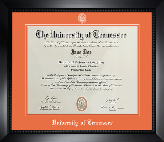 University of Tennessee Diploma Frame - Matte Black Eco-Friendly Treehugger™ Frame, Tangerine Suede Mats, White Embossed School Seal