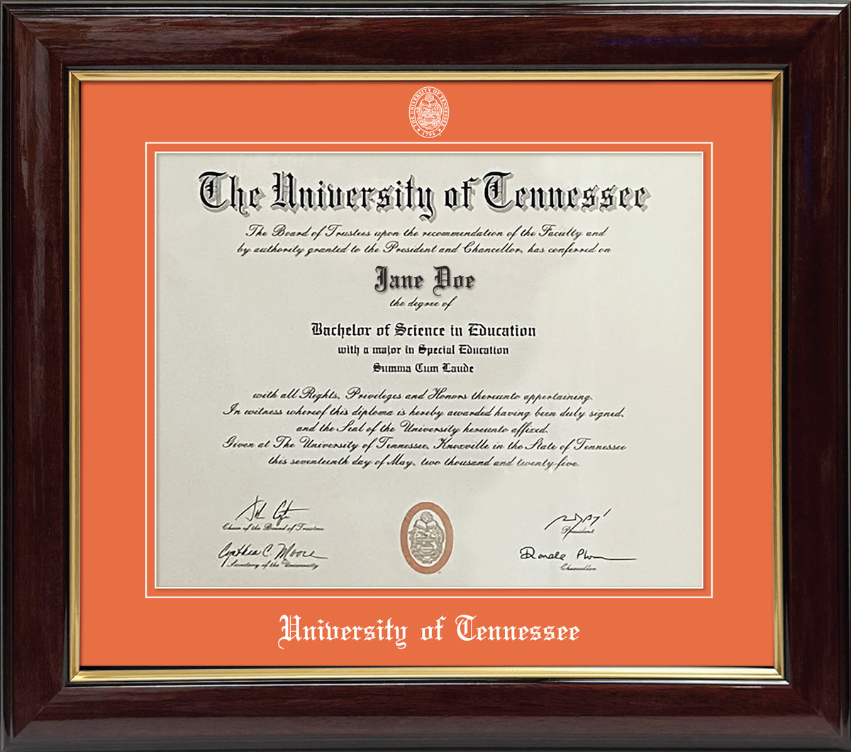 University of Tennessee Diploma Frame - Glossy Mahogany Wood Frame with Gold Accents, Tangerine Mats, Embossed School Seal