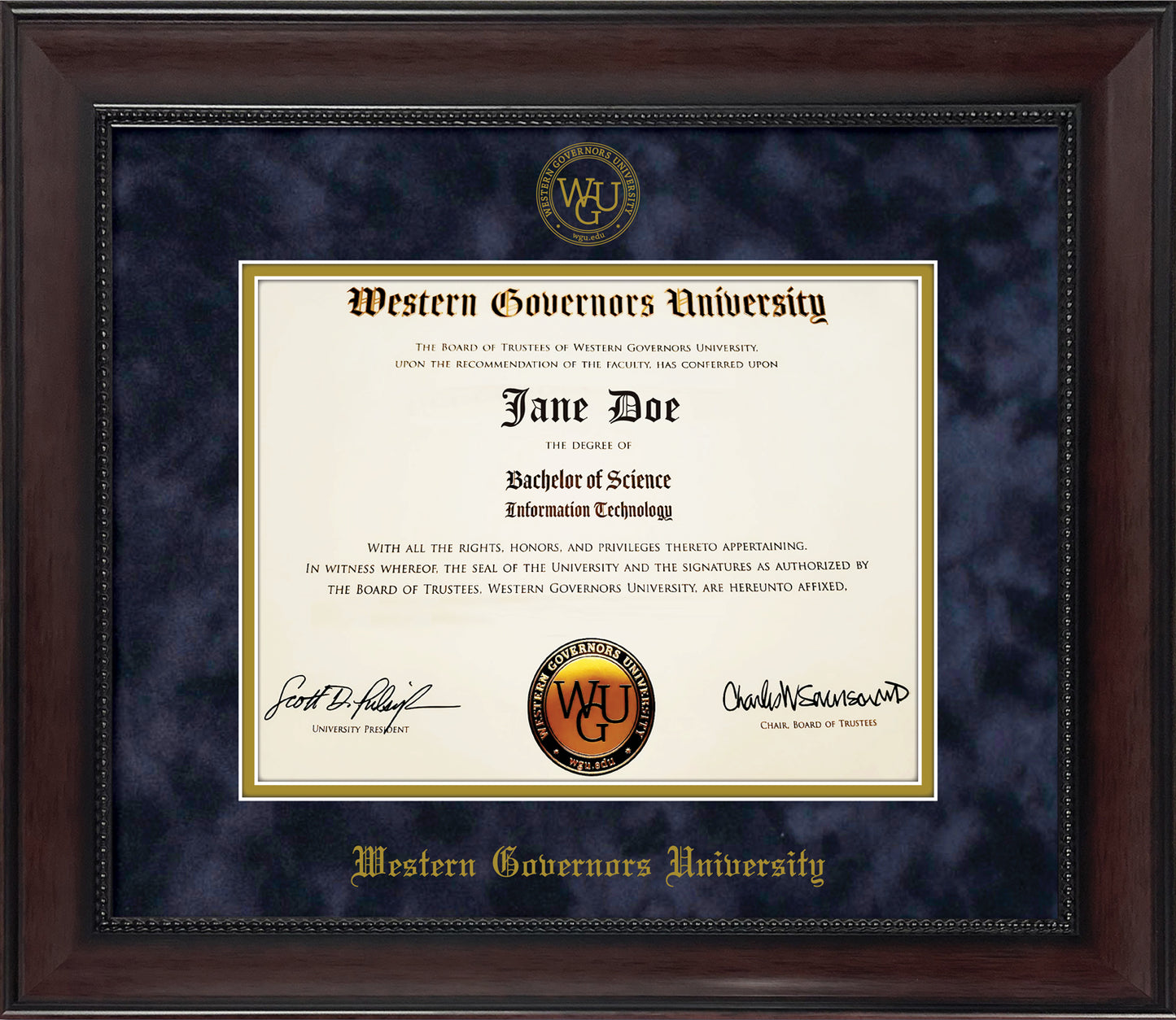 Western Governors University WGU Diploma Frame - Traditional Mahogany Wood Satin Finish with Bead Frame and Navy Suede and Gold Mats