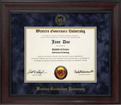 Western Governors University WGU Diploma Frame - Traditional Mahogany Wood Satin Finish with Bead Frame and Navy Suede and Gold Mats