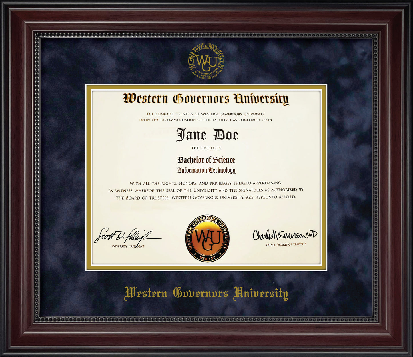 Western Governors University WGU Diploma Frame - Cherry Finish Wood with Bead Frame with Navy Suede and Gold Mats