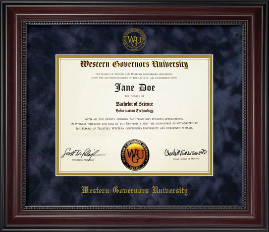 Western Governors University WGU Diploma Frame - Cherry Finish Wood with Bead Frame with Navy Suede and Gold Mats