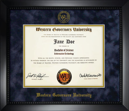 Western Governors University Diploma Frame - Matte Black Frame with Navy Blue Suede Mat and Gold Embossed WGU Seal