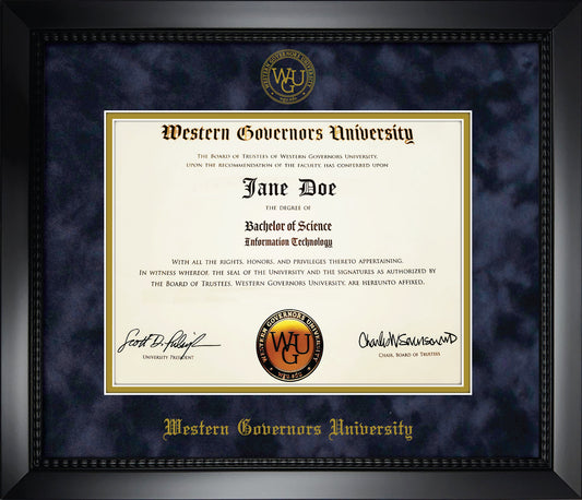 Western Governors University Diploma Frame - Matte Black Frame with Navy Blue Suede Mat and Gold Embossed WGU Seal