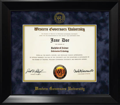 Western Governors University Diploma Frame - Modern Matte Black Frame with Navy Blue Suede Mat and Gold Embossed WGU Seal