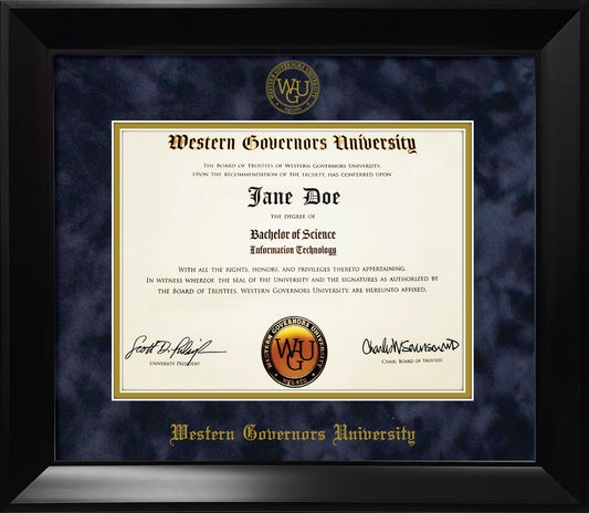 Western Governors University Diploma Frame - Modern Matte Black Frame with Navy Blue Suede Mat and Gold Embossed WGU Seal