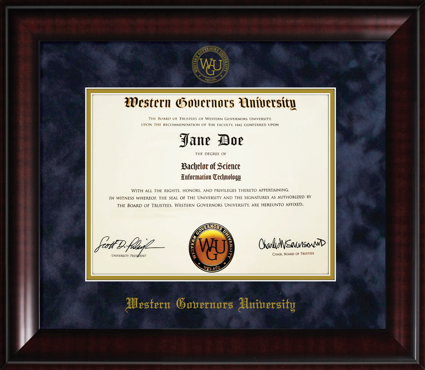 Western Governors University Diploma Frame - Mahogany Furniture Finish Frame with Navy Blue Suede Mat and Gold Embossed WGU Seal