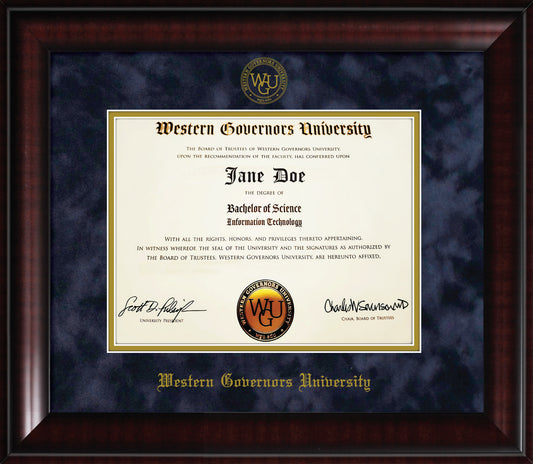 Western Governors University Diploma Frame - Mahogany Furniture Finish Frame with Navy Blue Suede Mat and Gold Embossed WGU Seal