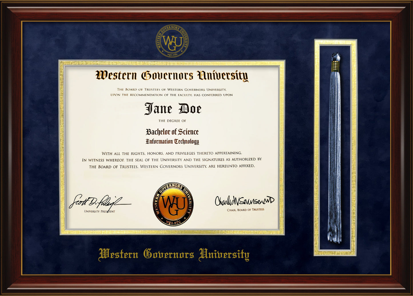 Western Governors University Diploma Frame with Tassel Holder – Officially Licensed - Glossy Mahogany Frame with Gold Accent Lines and Navy Suede and Gold Mats. Embossed WGU School Seal and Western Governors Olde English Lettering