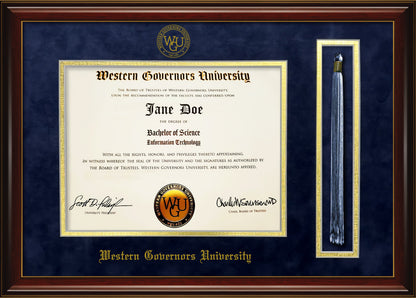 Western Governors University Diploma Frame with Tassel Holder – Officially Licensed - Glossy Mahogany Frame with Gold Accent Lines and Navy Suede and Gold Mats. Embossed WGU School Seal and Western Governors Olde English Lettering