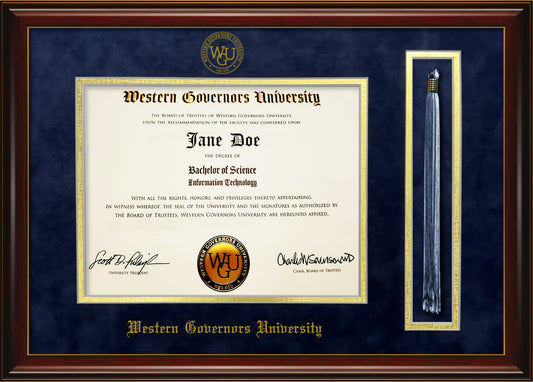 Western Governors University Diploma Frame with Tassel Holder – Officially Licensed - Glossy Mahogany Frame with Gold Accent Lines and Navy Suede and Gold Mats. Embossed WGU School Seal and Western Governors Olde English Lettering