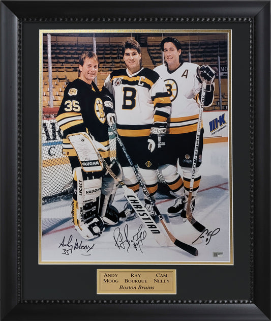 Andy Moog, Ray Bourque, Cam Neely Triple Autograph 16x20 Photo - Boston Bruins - Framed 23x27 - New England Picture Authentication