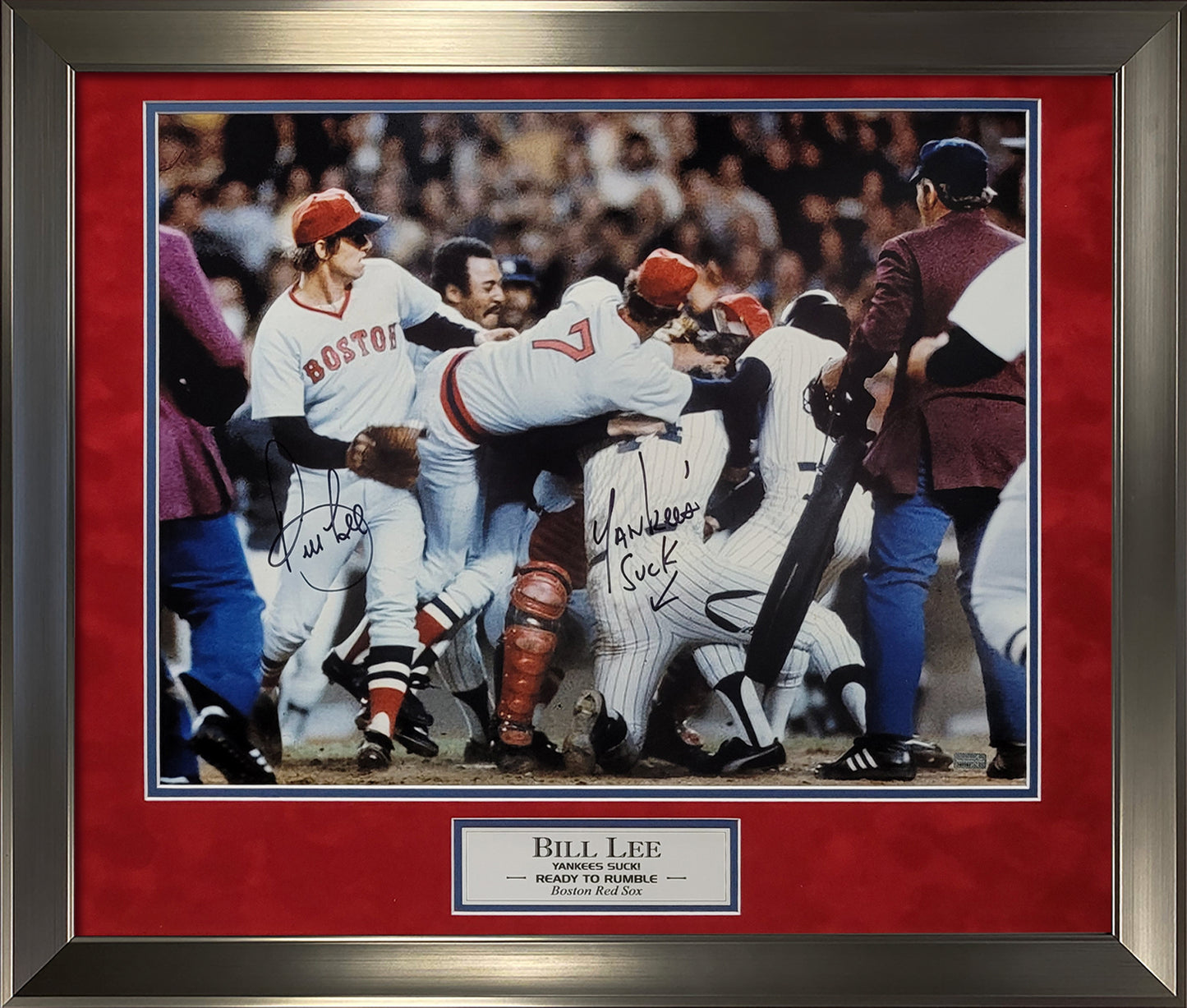 Bill Lee Autograph 16x20 Photo - Fighting The Yankees - "Yankees Suck" Inscription - Boston Red Sox - Framed 23x27 - New England Picture Authentication