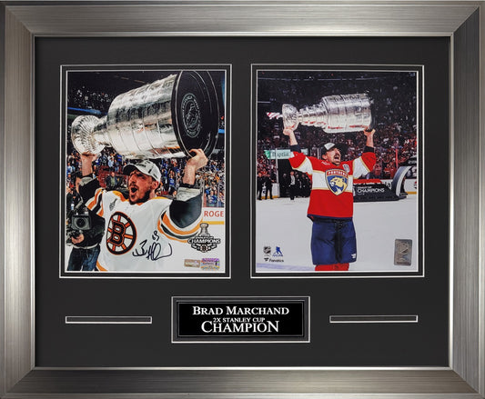 Brad Marchand Autograph 8x10 Photo - 2x Stanley Cup Champion 2-Way Collage - Boston Bruins - Florida Panthers - Framed 18x22 - New England Picture Authentication