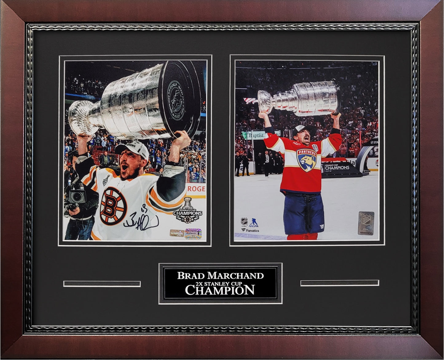 Brad Marchand Autograph 8x10 Photo - 2x Stanley Cup Champion 2-Way Collage - Boston Bruins - Florida Panthers - Framed 18x22 - New England Picture Authentication