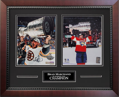 Brad Marchand Autograph 8x10 Photo - 2x Stanley Cup Champion 2-Way Collage - Boston Bruins - Florida Panthers - Framed 18x22 - New England Picture Authentication