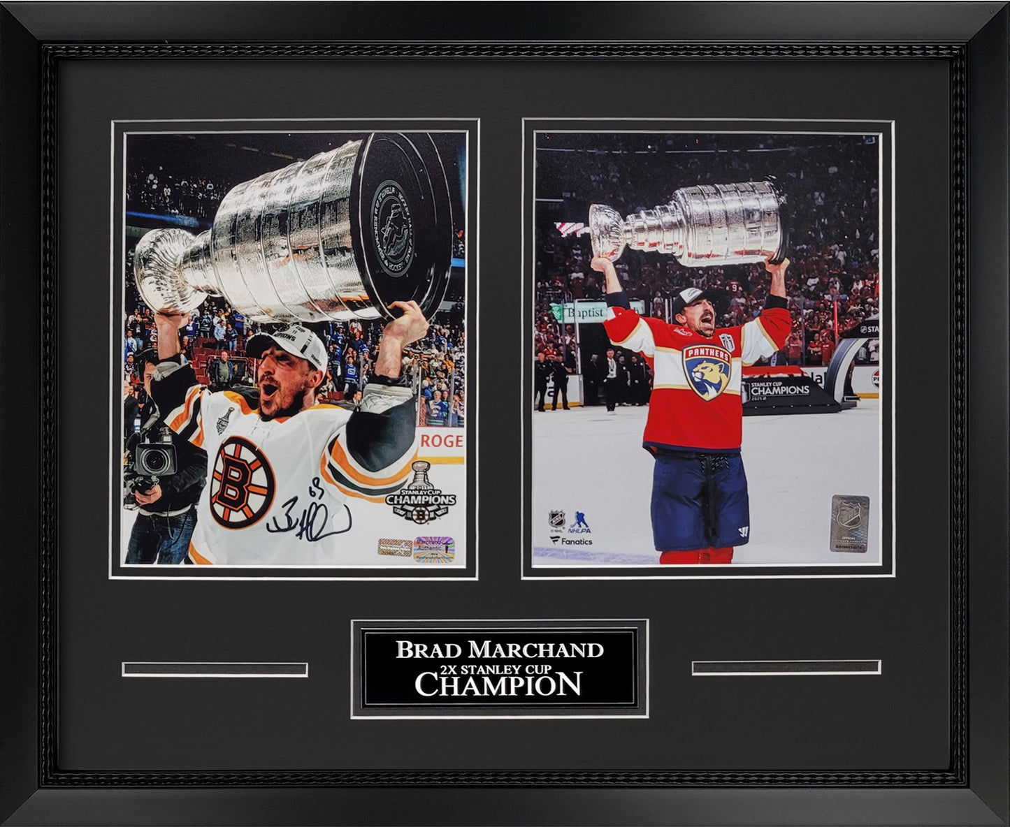 Brad Marchand Autograph 8x10 Photo - 2x Stanley Cup Champion 2-Way Collage - Boston Bruins - Florida Panthers - Framed 18x22 - New England Picture Authentication