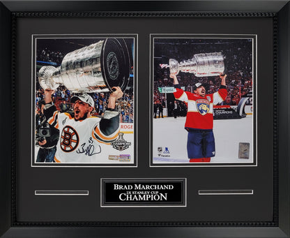 Brad Marchand Autograph 8x10 Photo - 2x Stanley Cup Champion 2-Way Collage - Boston Bruins - Florida Panthers - Framed 18x22 - New England Picture Authentication