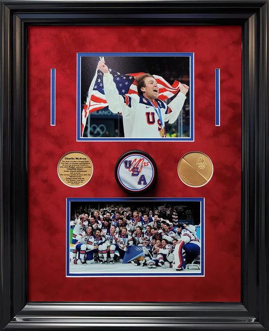 Charlie McAvoy Autograph Puck - Team USA - Framed 18x22 Shadowbox - Fanatics Authentication