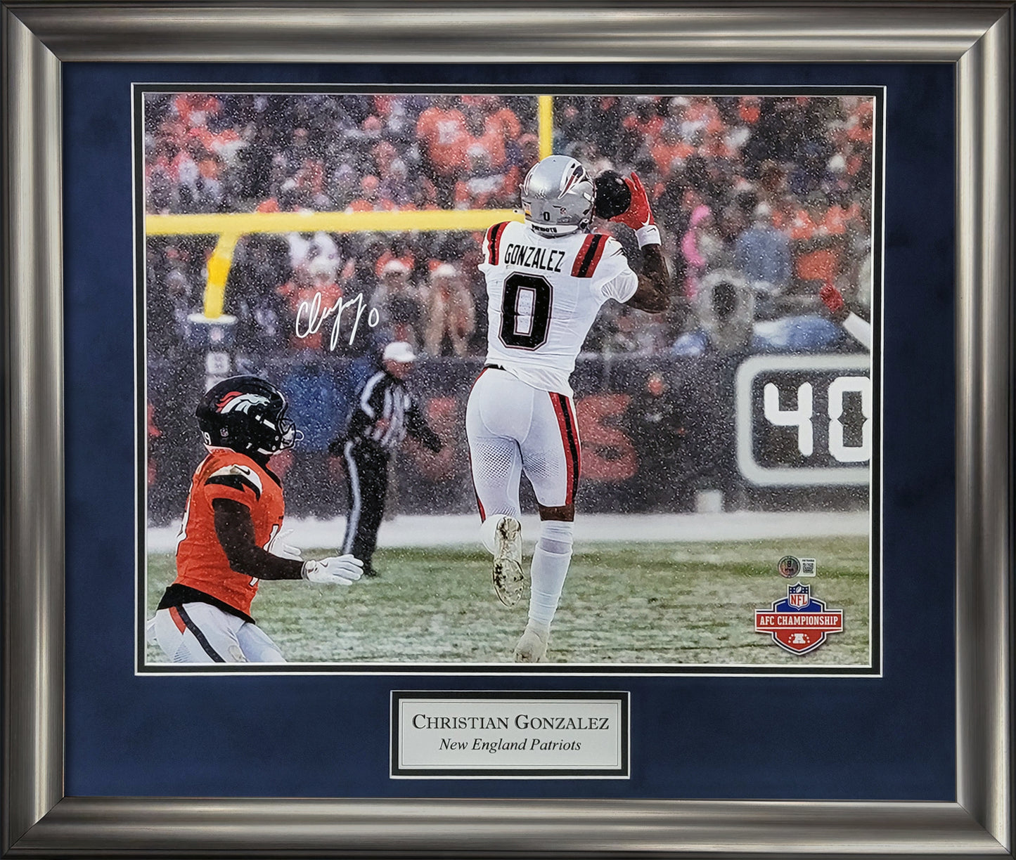 Christian Gonzalez Autograph 16x20 Photo - 2025 AFC Championship Interception - New England Patriots - Framed 23x27 - Beckett Authentication