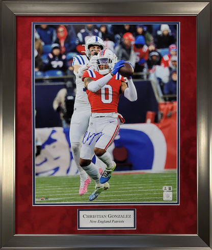 Christian Gonzalez Autograph 16x20 Photo - Interception - New England Patriots - Framed 23x27 - Beckett Authentication