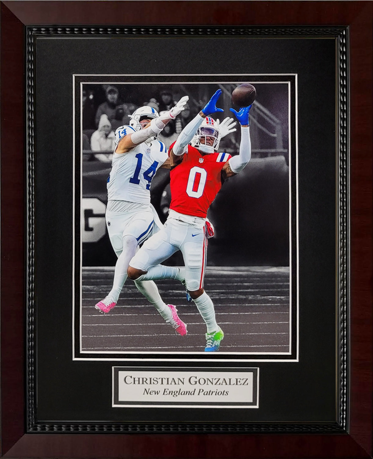 Christian Gonzalez Photograph - Interception Spotlight - New England Patriots - Framed 13x16