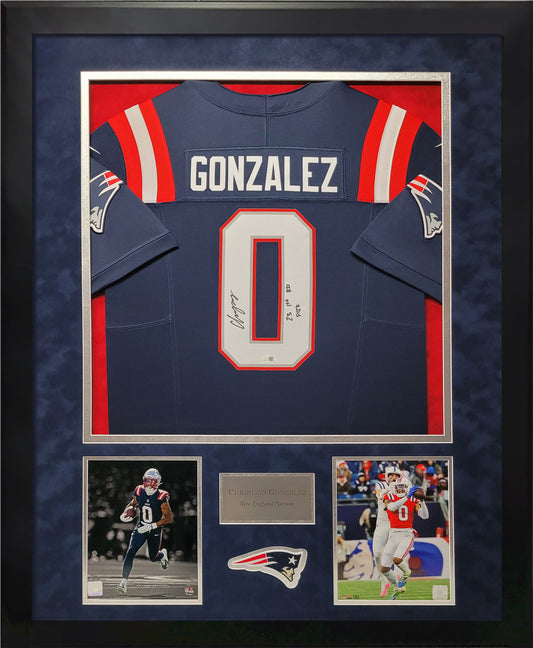 Christian Gonzalez Autographed Jersey - New England Patriots - Framed 37x45 - JSA Authentication