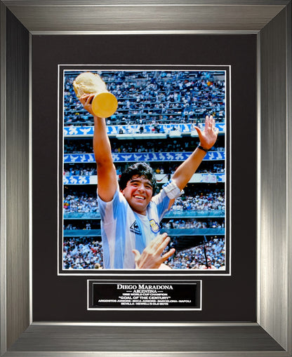 Diego Maradona Photograph - World Cup Trophy - Framed 13x16