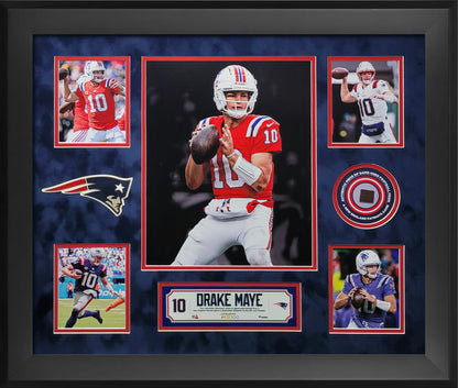 Drake Maye Photograph Collage With Game Used Ball Piece - New England Patriots - Framed 24x28