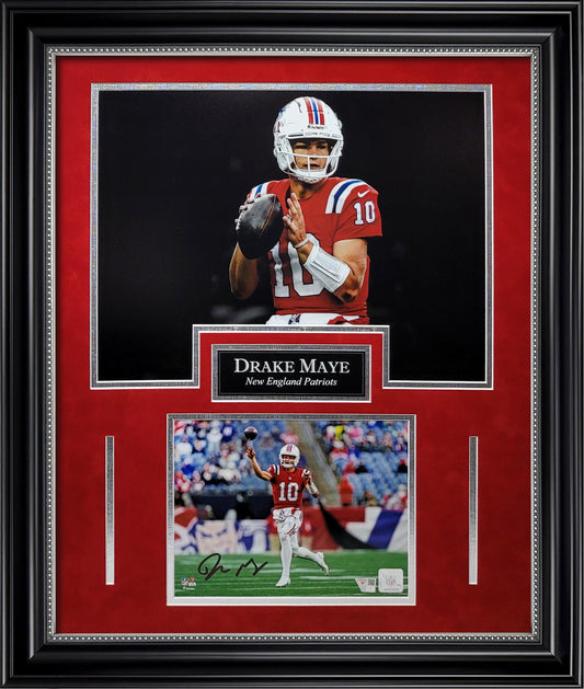 Drake Maye Autograph 8x10 Photo - Toss Ball Insert Collage - New England Patriots - Framed 23x27 - Fanatics Authentication