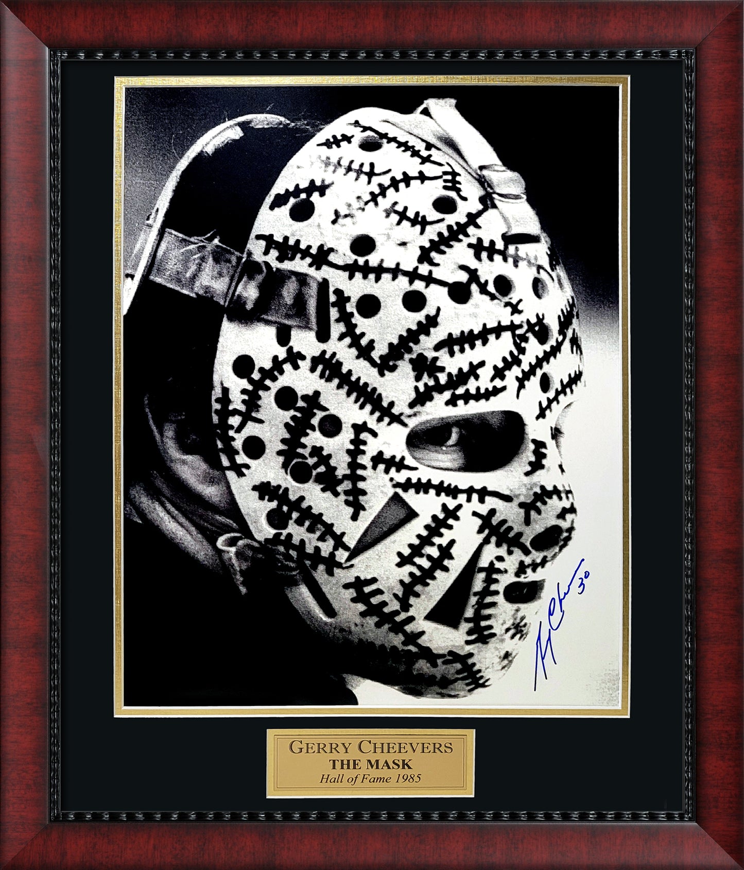 Gerry Cheevers Autograph 16x20 Photo - The Mask, Side Profile - Boston Bruins - Framed 23x27 - New England Picture Authentication