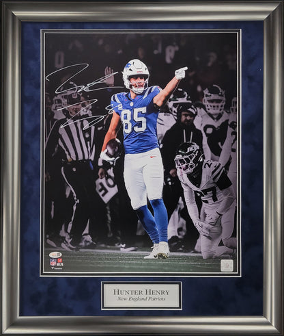 Hunter Henry Autograph 16x20 Photo - Rivalry Uniform Spotlight - New England Patriots - Framed 23x27 - JSA Authentication