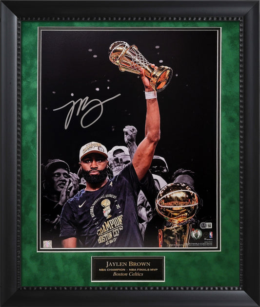 Jaylen Brown Autograph 16x20 Photo - Holding Trophy - Boston Celtics - Framed 23x27 - Beckett Authentication
