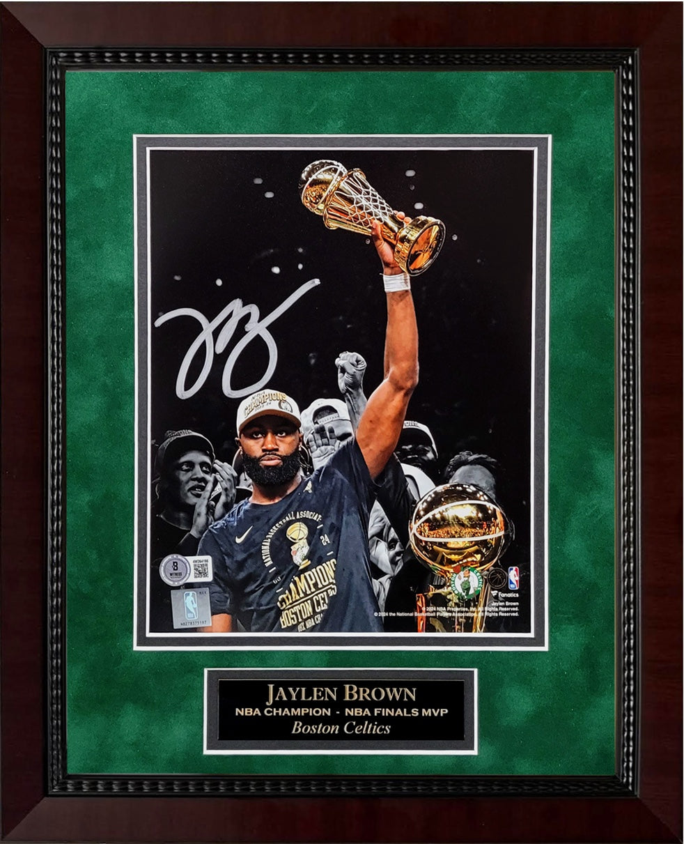 Jaylen Brown Autograph 8x10 Photo - Holding Trophy - Boston Celtics - Framed 13x16 - Beckett Authentication