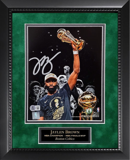 Jaylen Brown Autograph 8x10 Photo - Holding Trophy - Boston Celtics - Framed 13x16 - Beckett Authentication