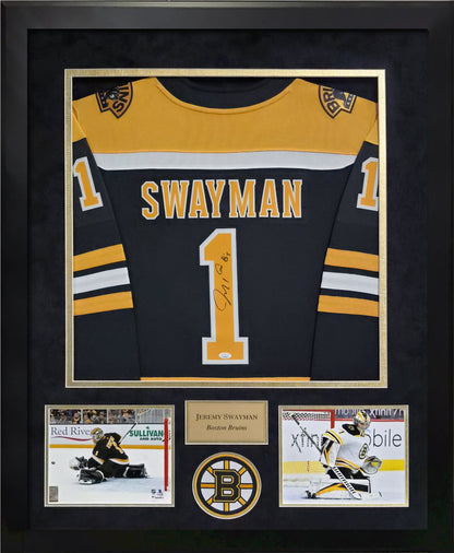 Jeremy Swayman Autograph Jersey - Inscribed - Boston Bruins - Framed 37x45 - JSA Authentication