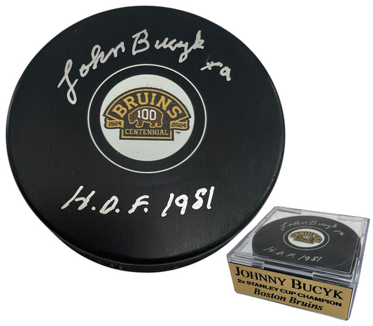 Johnny Bucyk Autograph Puck - Centennial Season - Boston Bruins