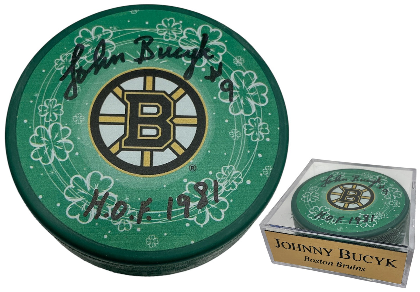 Johnny Bucyk Autograph Puck - Spoke B Shamrock - Boston Bruins