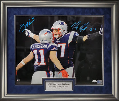 Julian Edelman, Rob Gronkowski Double Autograph 16x20 Photo - Spotlight - New England Patriots - Framed 23x27 - JSA Authentication
