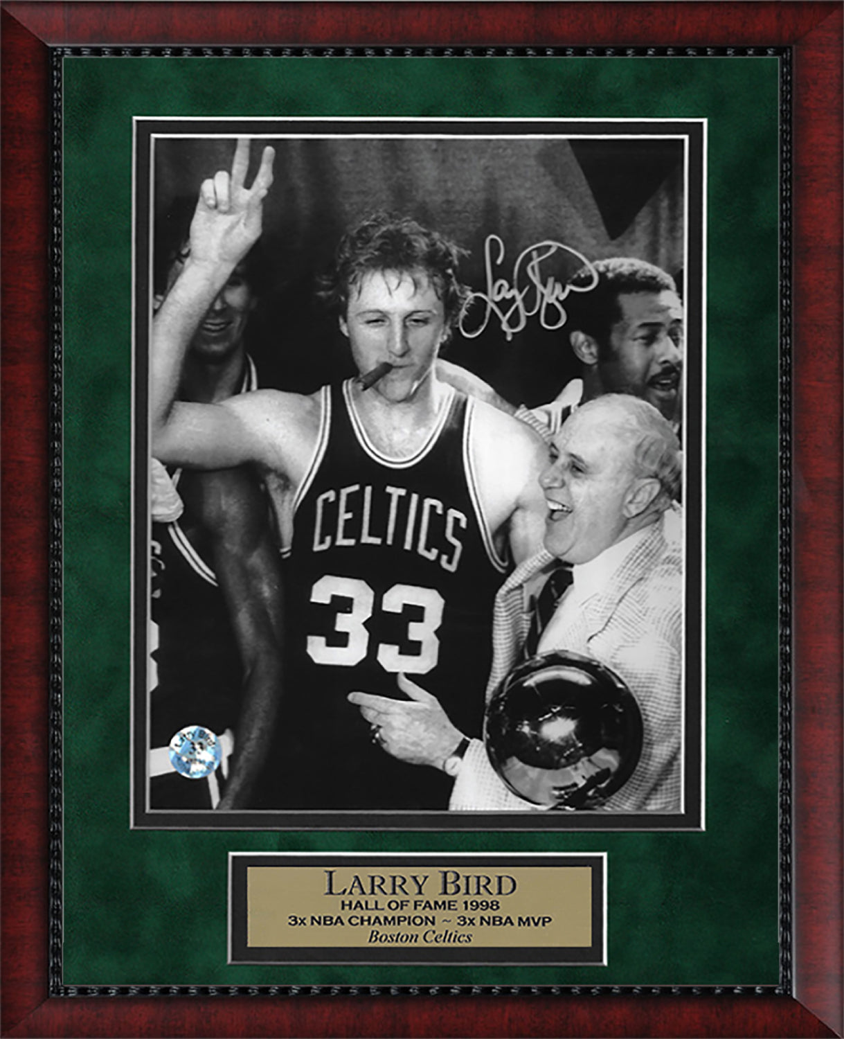 Larry Bird Autograph Photo With Cigar & Red Auerbach 11x14