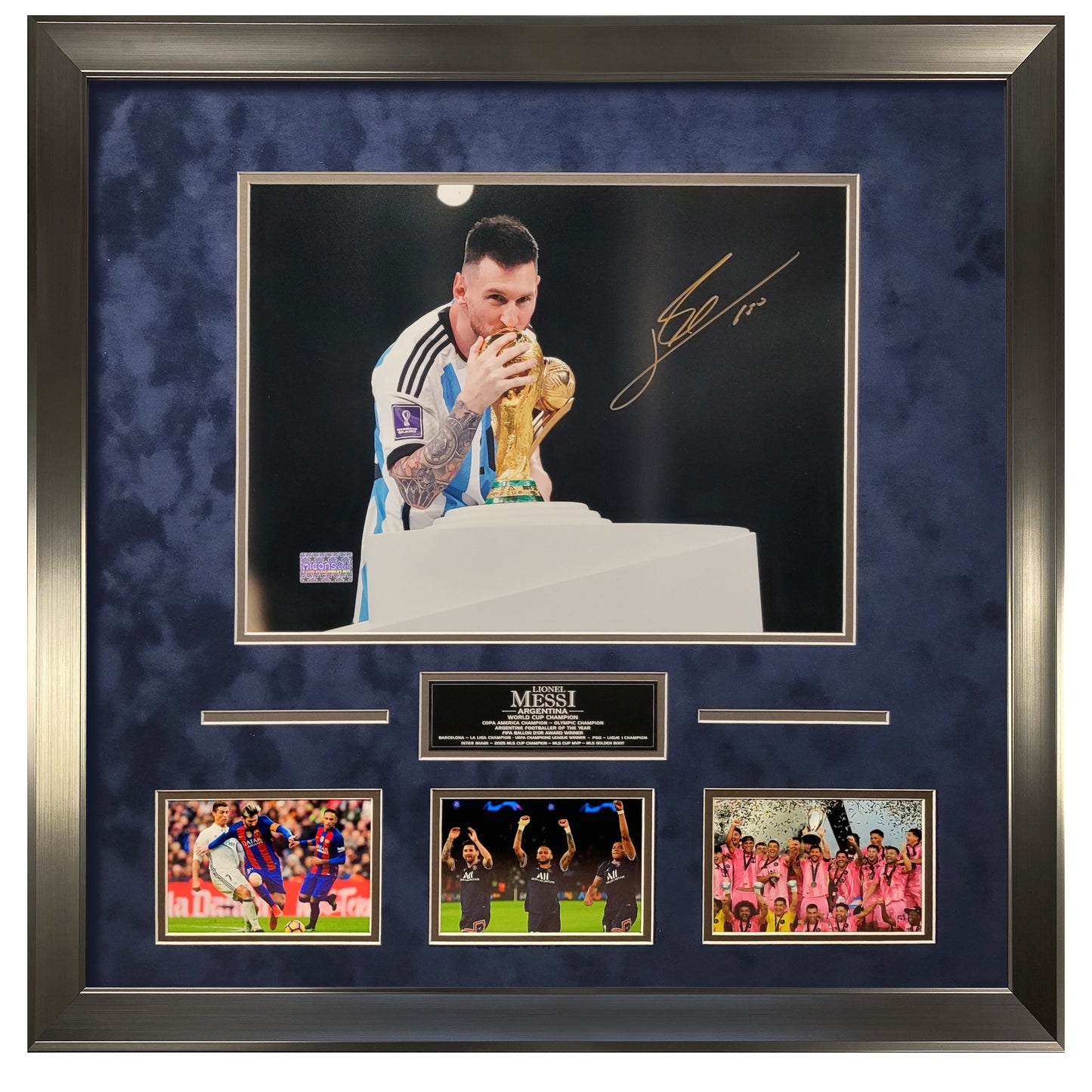 Lionel Messi Autograph Photo - World Cup & Champion Collage - Framed 27x27 - Icons Authentication