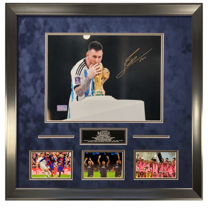 Lionel Messi Autograph Photo - World Cup & Champion Collage - Framed 27x27 - Icons Authentication