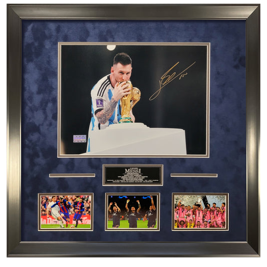 Lionel Messi Autograph Photo - World Cup & Champion Collage - Framed 27x27 - Icons Authentication